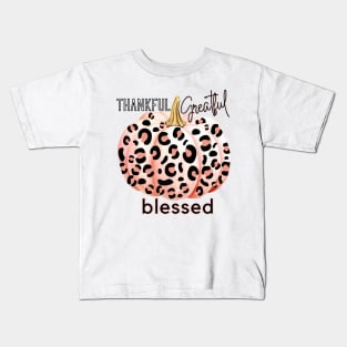 Blush Pink Pumpkin with Leopard Print Thankful Greatful Blessed Kids T-Shirt